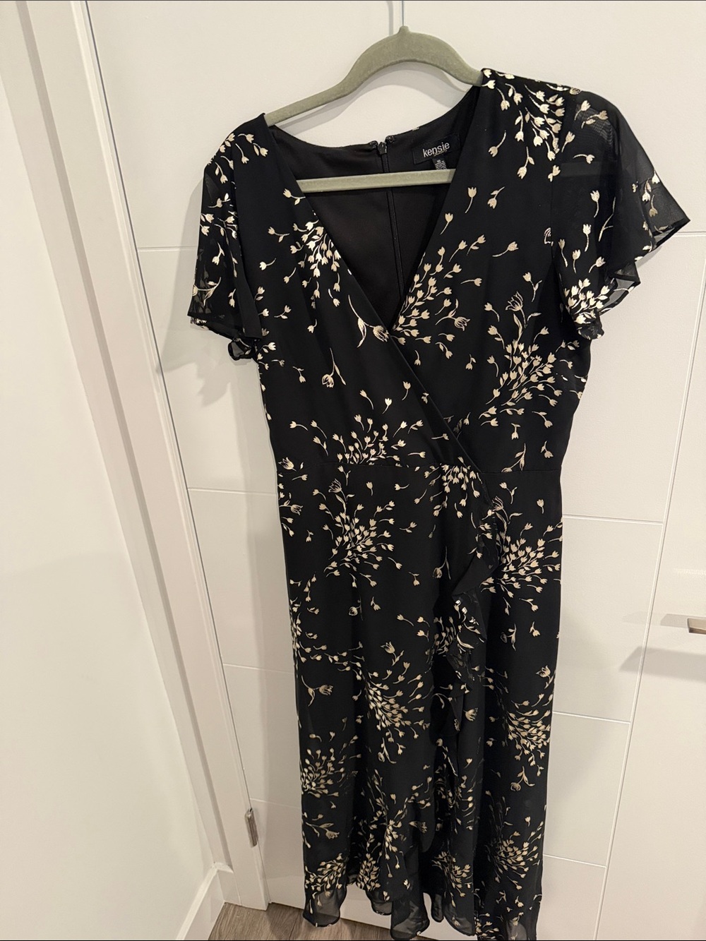 Kensie Black Midi Dress with Cream Botanical Print